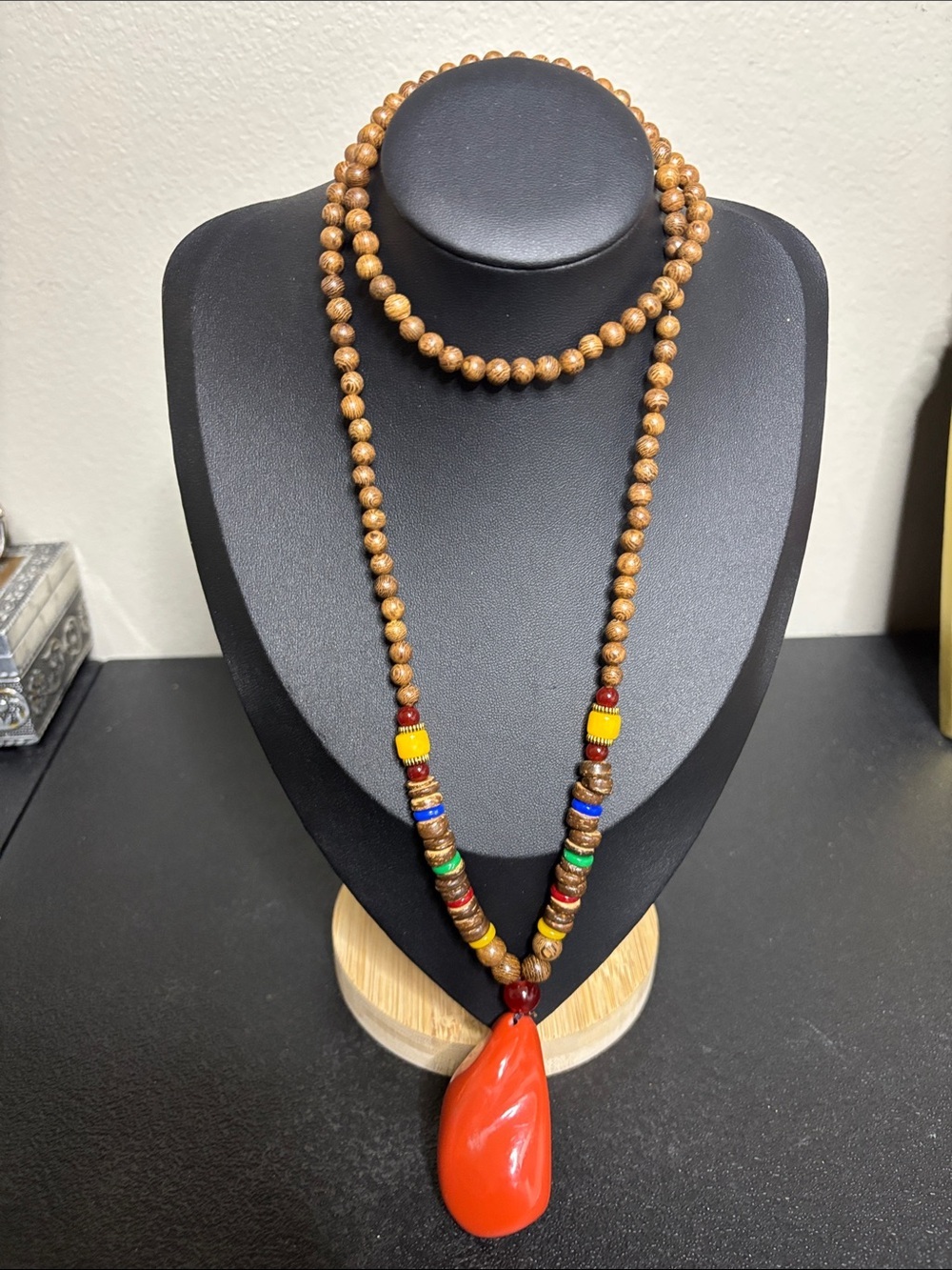 Boho Red Orange Celluloid Teardrop Pendant Wood Bead Necklace